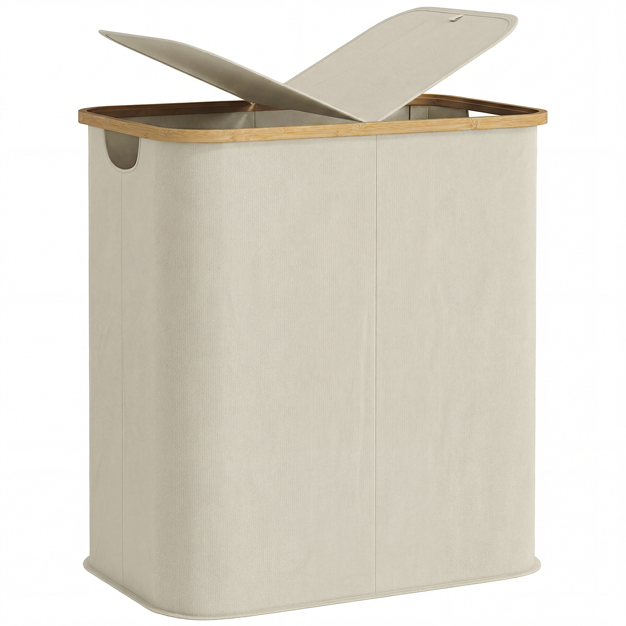 80-liter-wäschekorb Mit Deckel, Faltbar Und Mit Griffen, Zwei Fächern, Beige