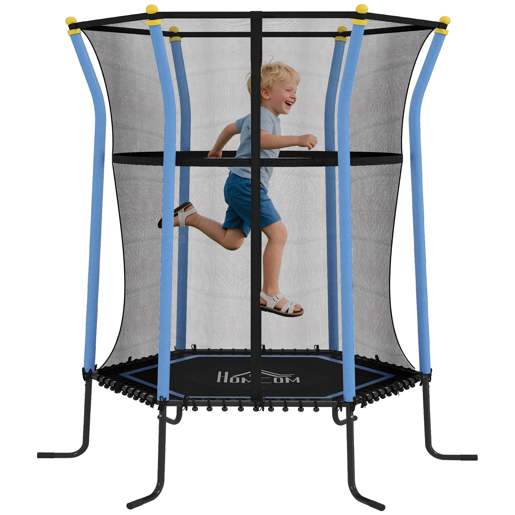 Kindertrampolin Mit Sicherheitsnetz, Ø 1,63 X 1,9 M, 6 Gepolsterte Füße, Reißverschlusstür, Blau Und Schwarz