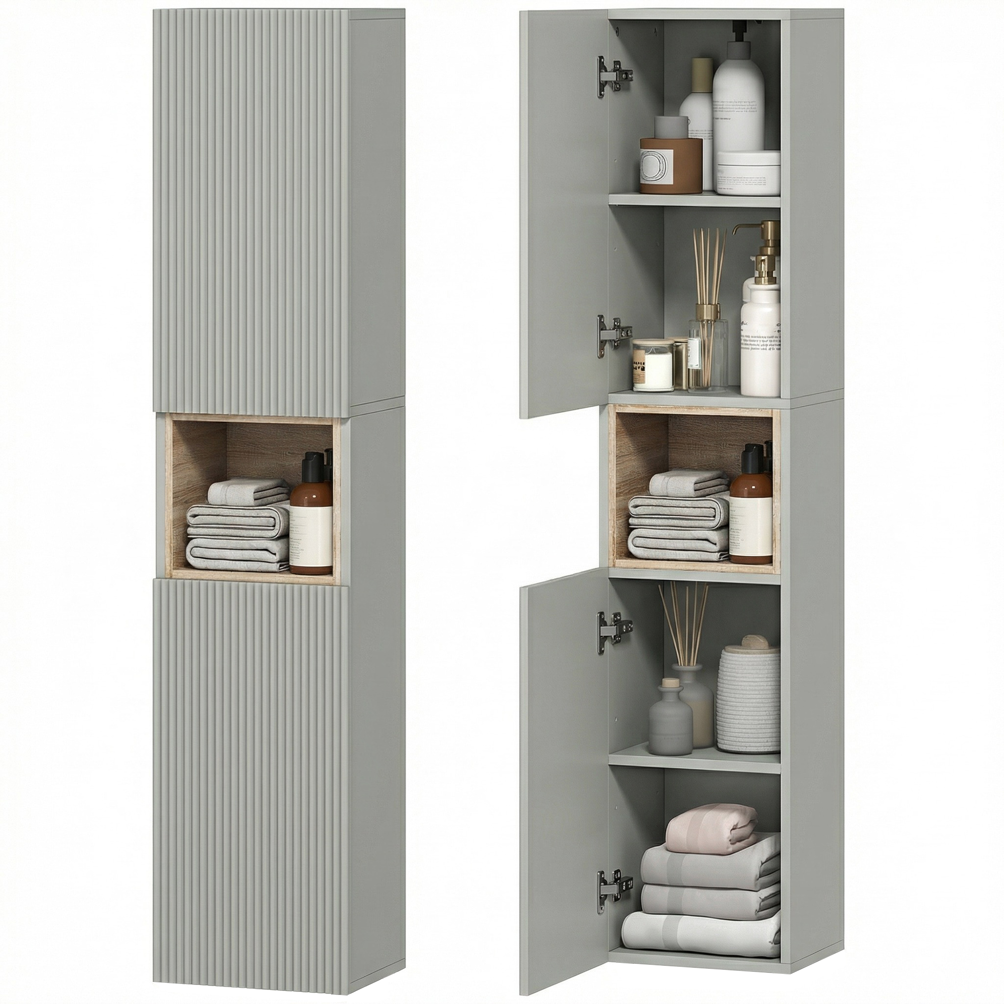 Schmaler Badezimmerschrank Mit 2 Türen, Verstellbaren Einlegeböden Und Praktischem Stauraum, 30 X 24 X 140 Cm, Grün