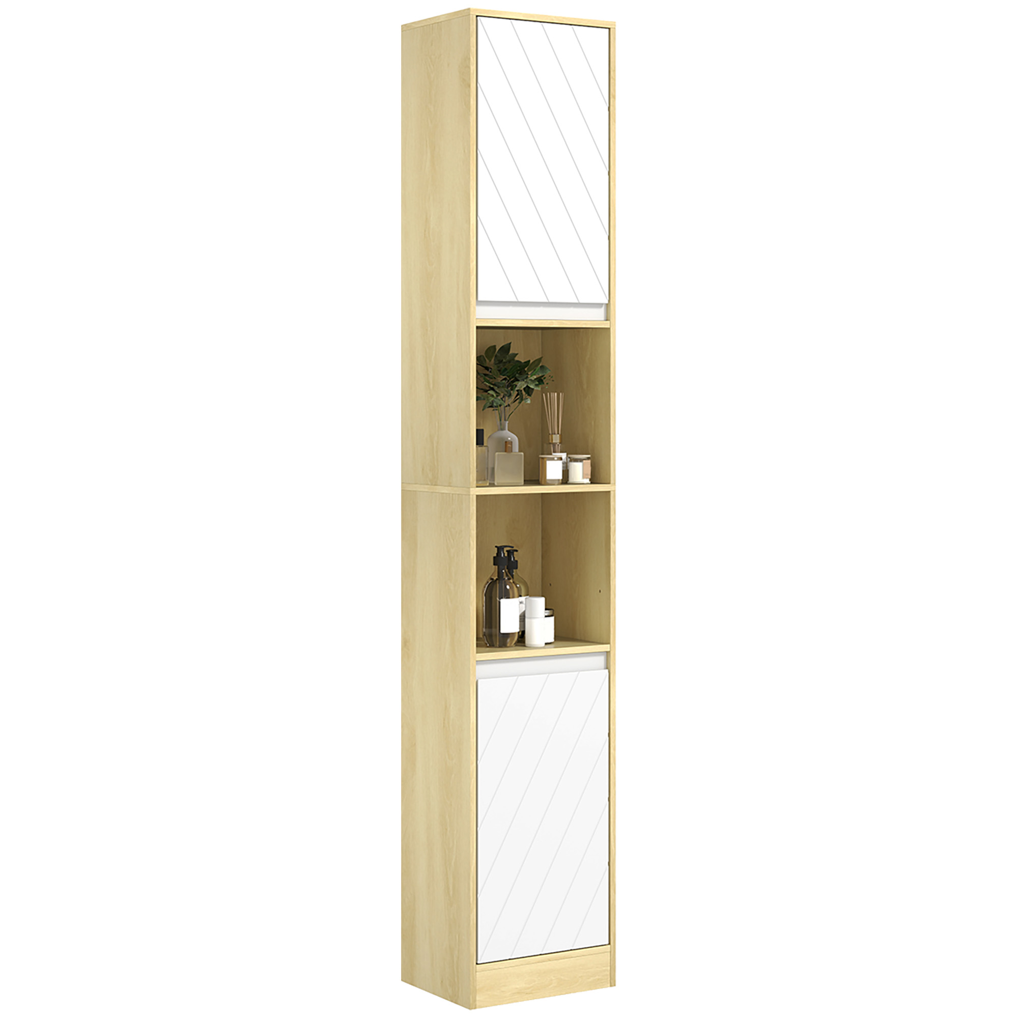 Badezimmerschrank Mit 2 Türen Und Nischen, Skandinavischer Stil, Helle Eiche Und Weiß, Maße 30 X 24 X 170 Cm