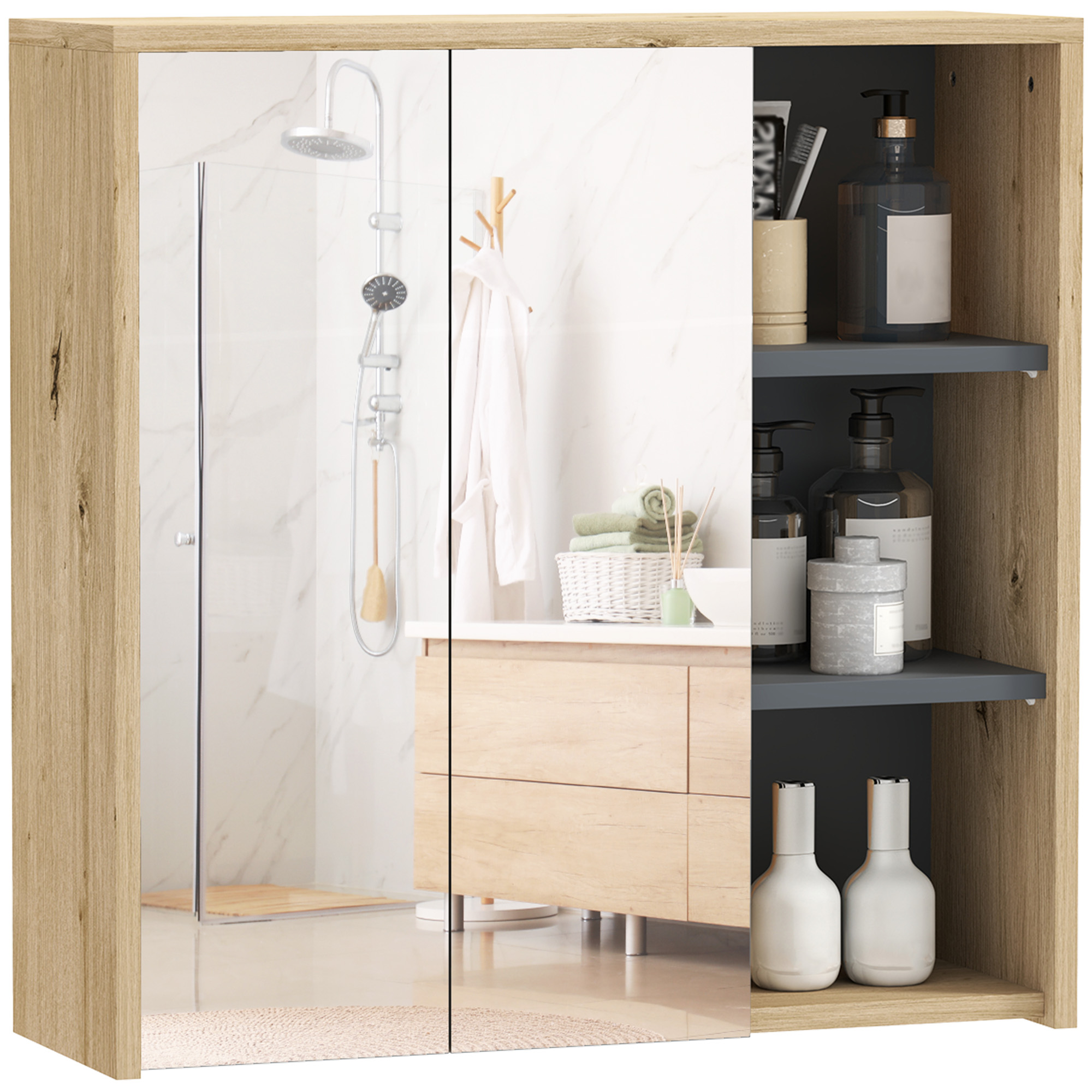 Badezimmerschrank Mit Spiegel Und 3 Offenen Regalböden, 60x20x60 Cm, Aus Naturholz, Wandaufbewahrung.