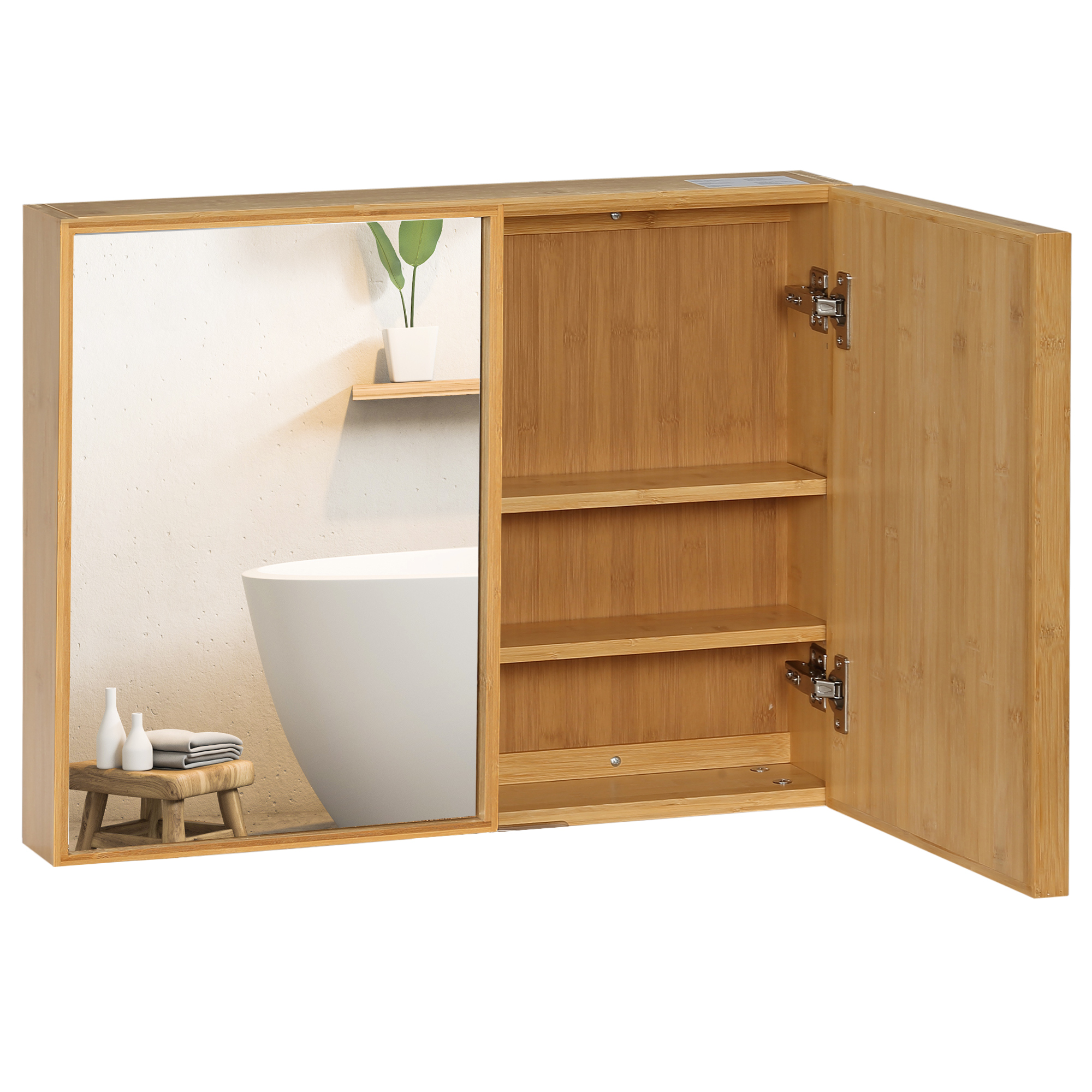 Bambus-badezimmerschrank Mit Spiegel, 2 Türen Und Einlegeboden, Maße 65,2 X 14 X 50 Cm