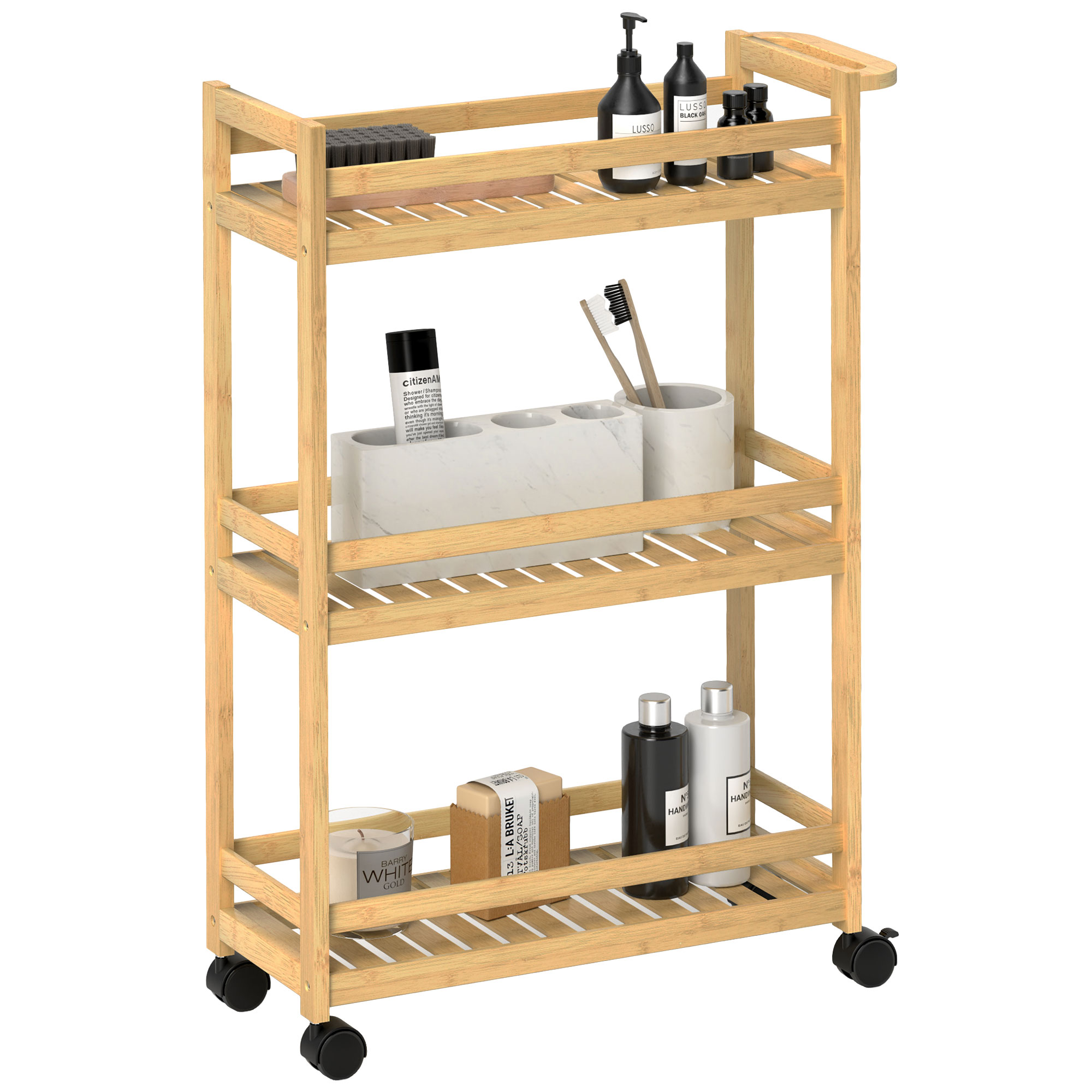 Servierwagen Aus Bambus Mit 3 Ablagen, 55 X 20 X 75 Cm, Lattenroste Mit Absturzsicherung