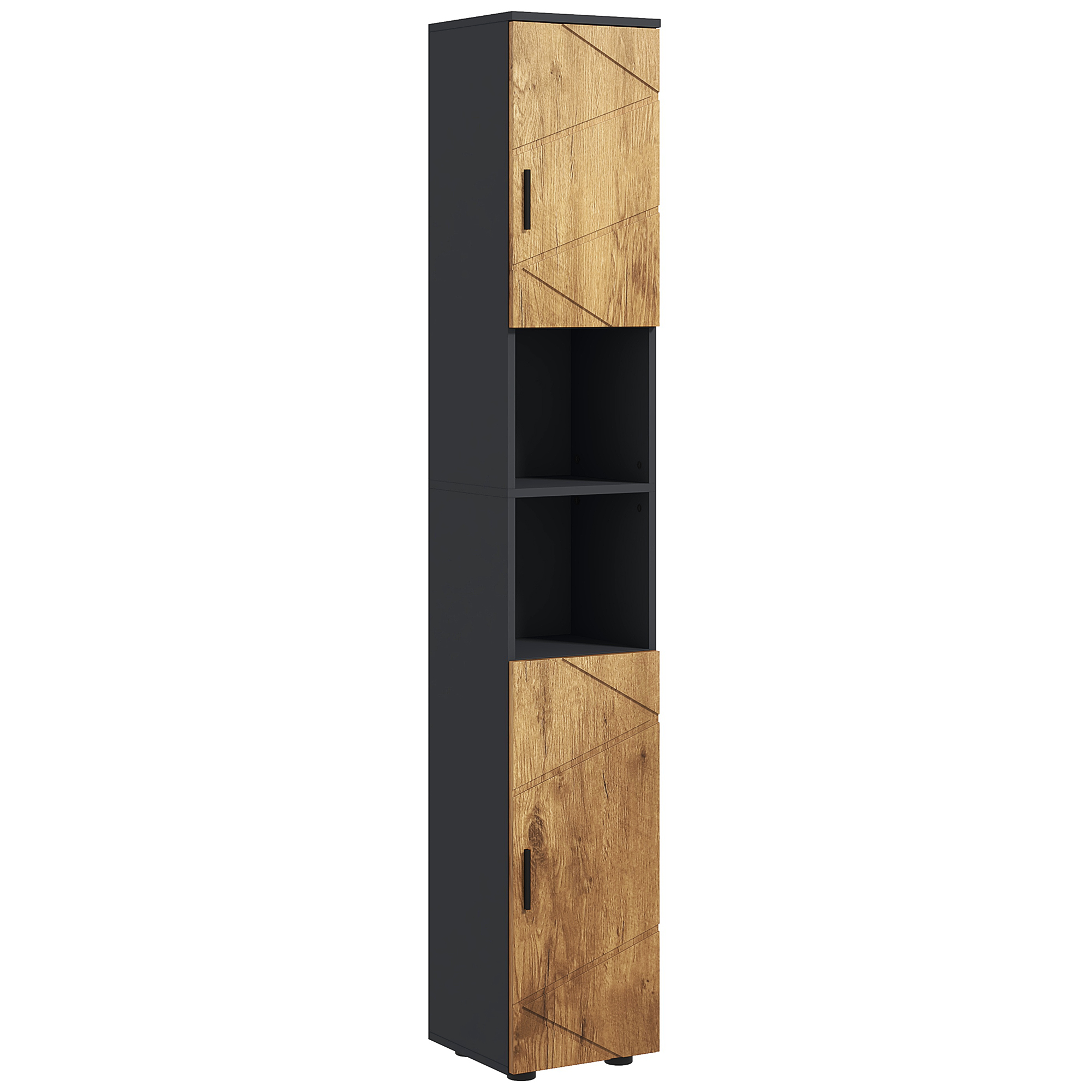 Badezimmer-säulenschrank Mit 2 Türen, Verstellbaren Einlegeböden Und 2 Nischen, Maße 30x30x183 Cm, Ausführung In Dunkelgrauer Eiche, Praktischer Stauraum.