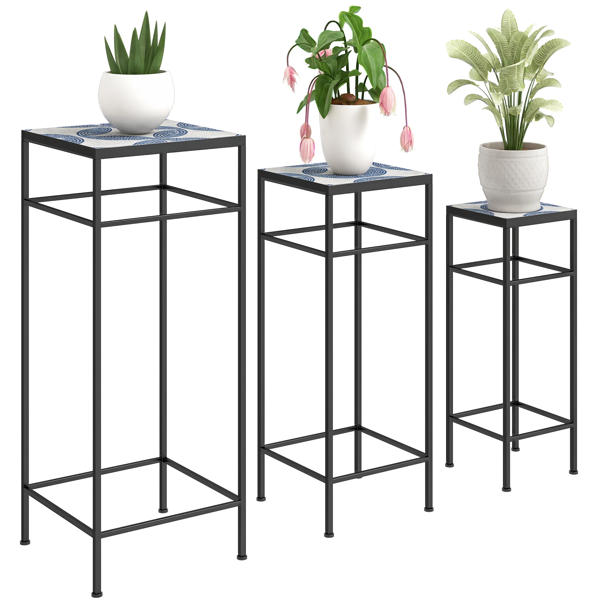 Set Mit 3 Pflanzenständern, Blumenpräsentation In 3 Größen Für Die Innendekoration, Blau Und Weiß