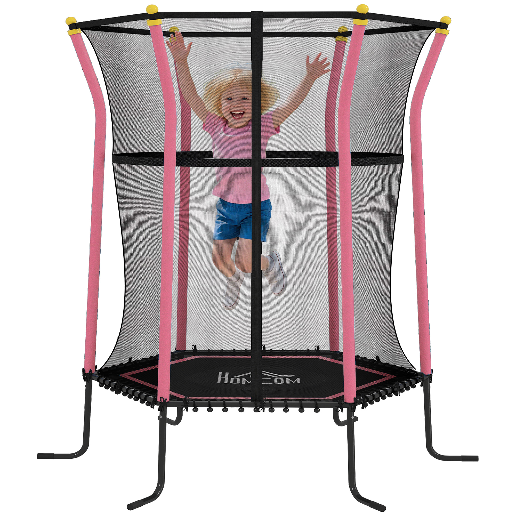Kindertrampolin 1,63 M Mit Sicherheitsnetz, 6 Gepolsterten Beinen, Reißverschlusstür, Rosa Und Schwarz