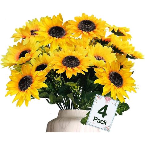 Sunflower Artificial Flowers - 15 Inch - Uv Resistant Silk - For Indoor Outdoor Decor Wedding Table Home Garden - 4 Pack