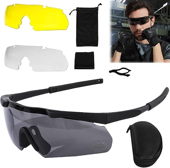 Schießbrille mit 3 Wechselgläsern, Schutzbrille mit beschlagfreien und kratzfesten klaren Gläsern, anpassbarer, schlagfester Augenschutz