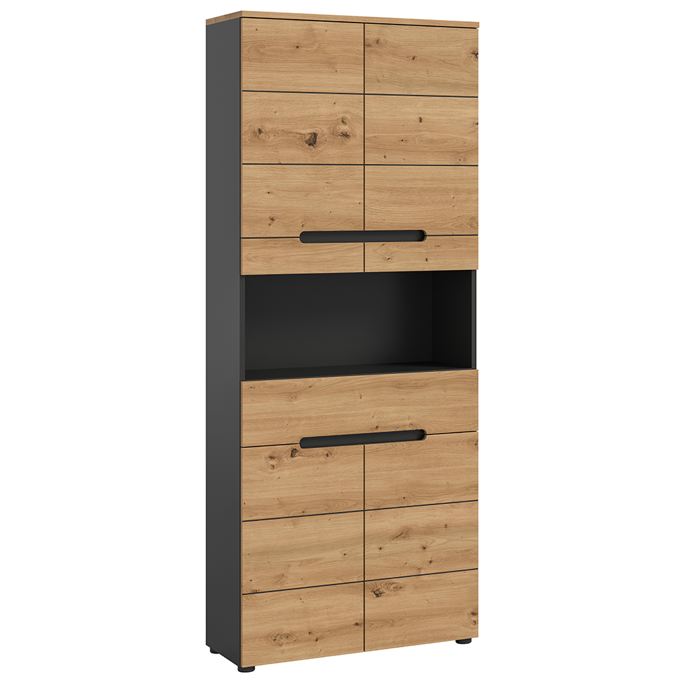 Badezimmer Hochschrank Mit 76 Cm Breite In Eiche Mit Grau, 4 Türen & 1 Offenes Fach Cortana-158