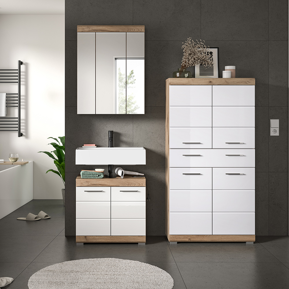 Badezimmer-set 3-teilig In Eiche Dunkel Mit Weiß Hochglanz, Mit Spiegelschrank - Siroco-158