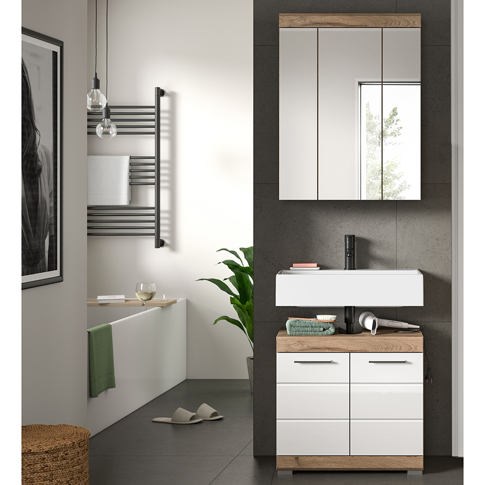 Badezimmer-set 2-teilig In Eiche Dunkel Mit Weiß Hochglanz, Mit Spiegelschrank - Siroco-158