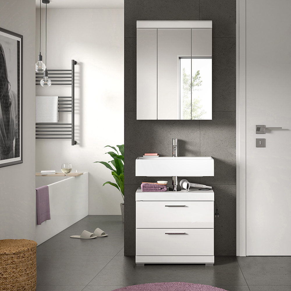 Badezimmer-set 2-teilig In Weiß Mit Weiß Hochglanz, Mit Spiegelschrank - Siroco-158