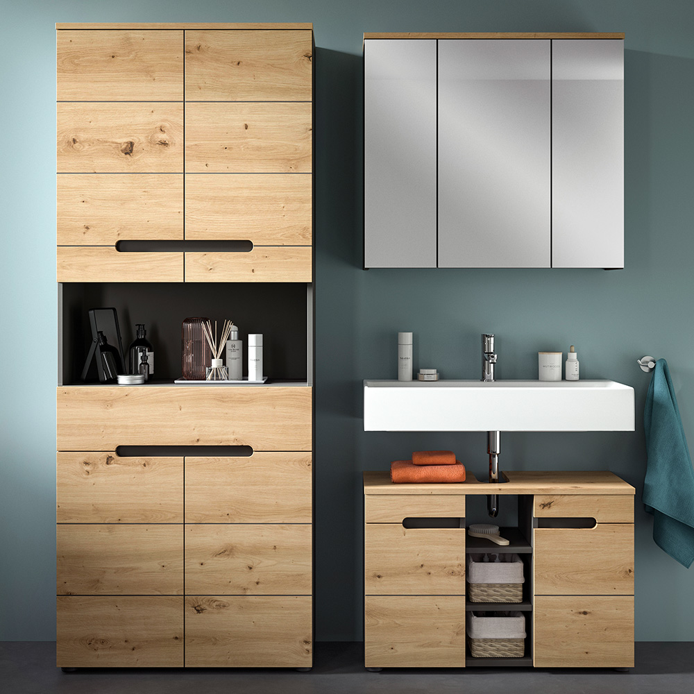 Badmöbel-set 3-teilig Mit 80 Cm Waschbeckenunterschrank, Hochschrank & Spiegelschrank In Eiche Mit Grau Cortana-158