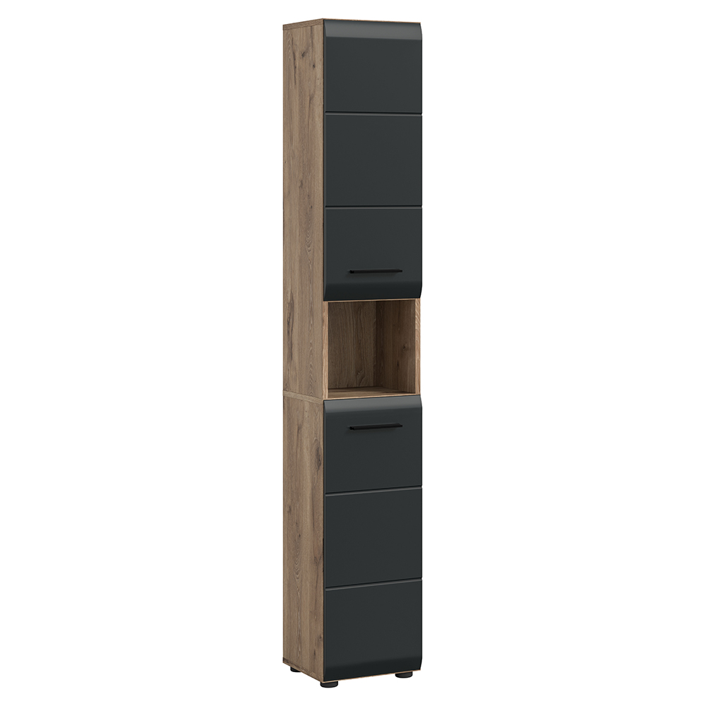 Badezimmer Hochschrank Mit 30 Cm Breite In Eiche Mit Schwarz Matt, 2 Türen & 1 Offenes Fach - Iggesund-158