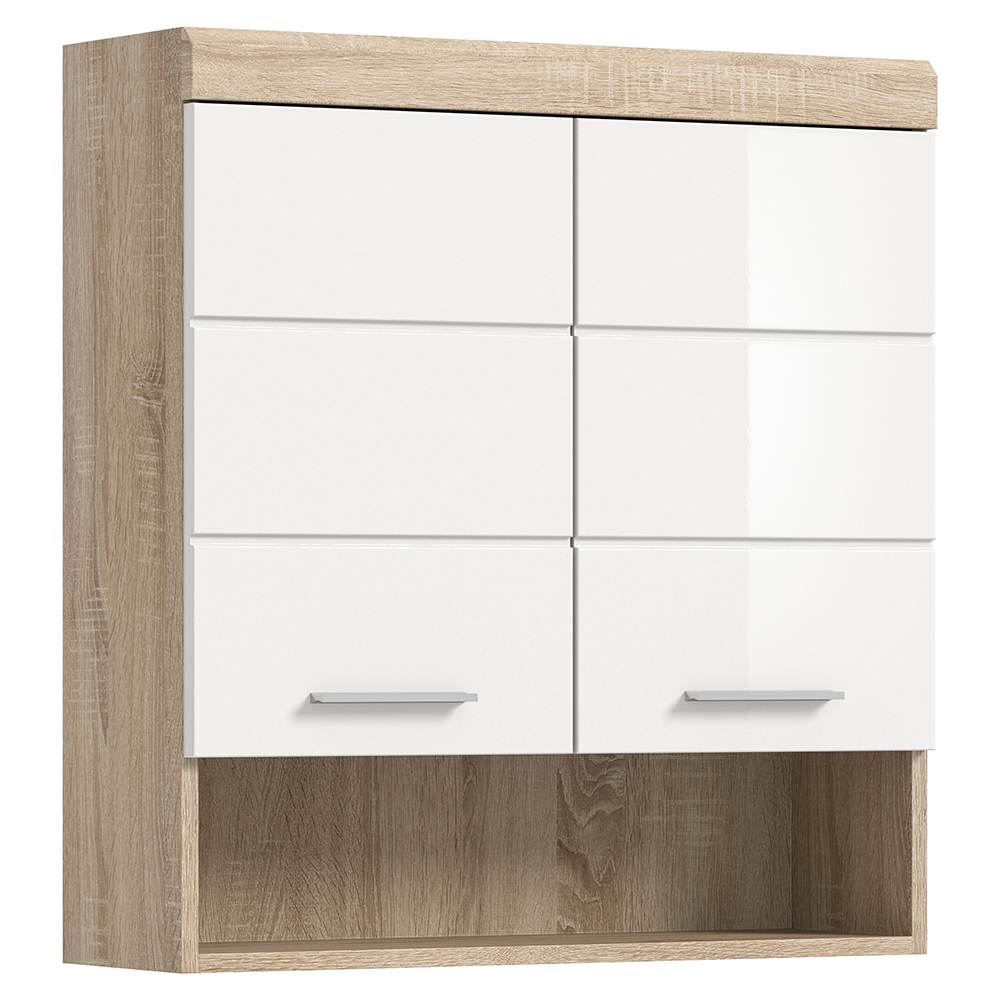Badezimmer Hängeschrank, 74 Cm Breit, In Sonoma Eiche Mit Weiß Hochglanz - Siroco-158
