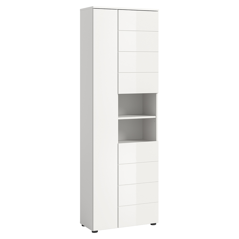 Badezimmer Hochschrank Mit 60 Cm Breite In Weiß Mit Weiß Hochglanz, 3 Türen & 2 Offene Fächer - Vellore-158