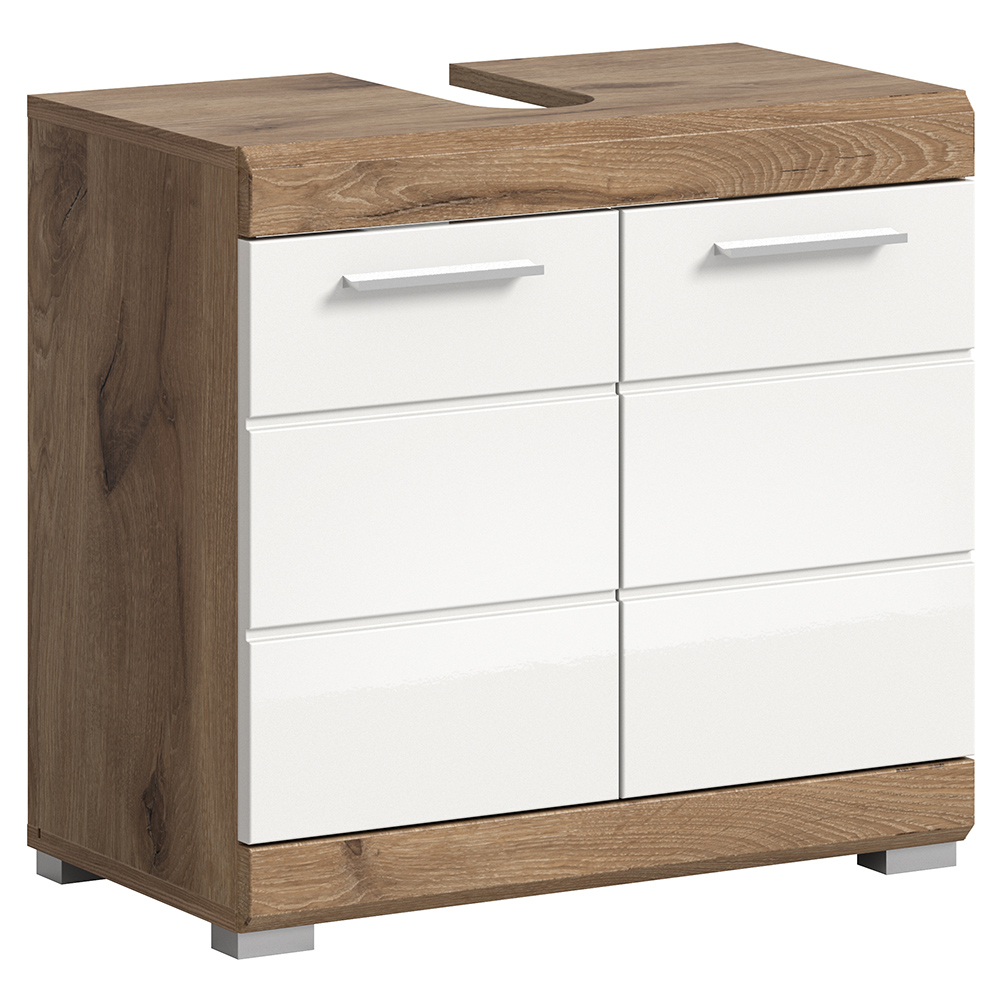 Badezimmer Waschbeckenunterschrank, 60 Cm Breit, In Eiche Dunkel Mit Weiß Hochglanz - Siroco-158