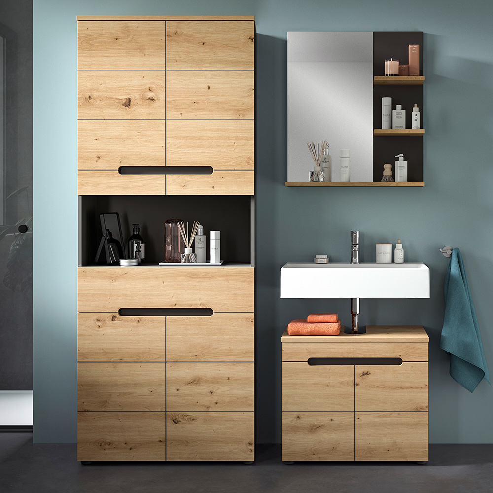 Badmöbel-set 3-teilig Mit 60 Cm Waschbeckenunterschrank, Hochschrank & Spiegel In Eiche Mit Grau Cortana-158