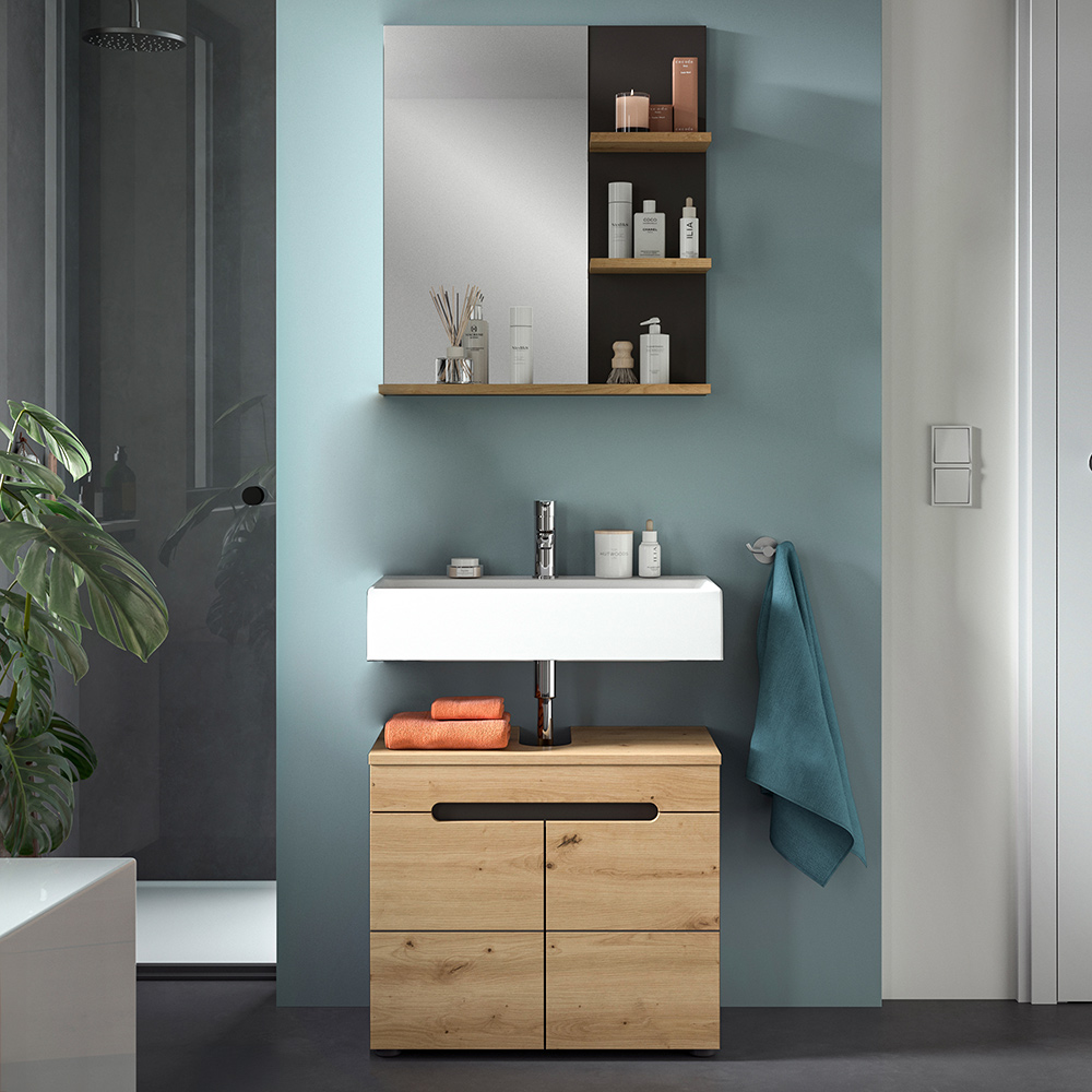 Badmöbel-set 2-teilig Mit 63 Cm Waschbeckenunterschrank & Spiegel In Eiche Und Grau Cortana-158
