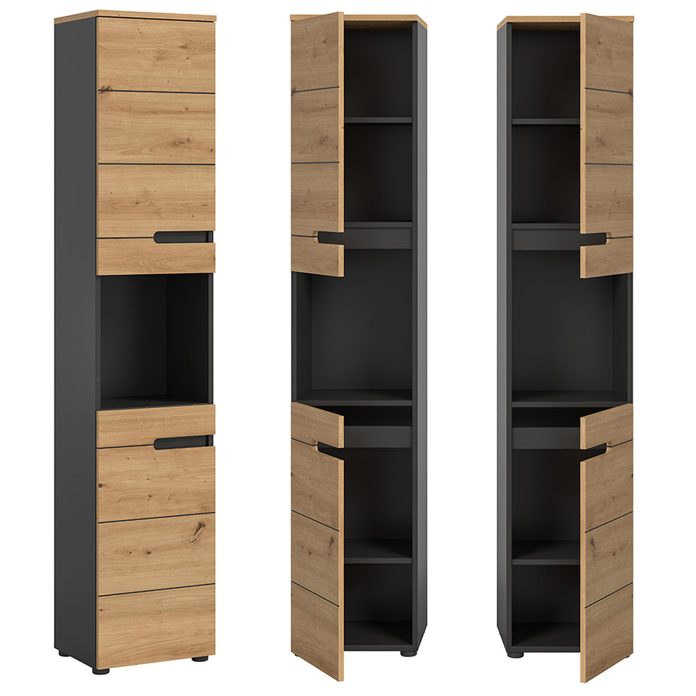 Badezimmer Hochschrank Mit 38 Cm Breite In Eiche Mit Grau, 2 Türen & 1 Offenes Fach Cortana-158