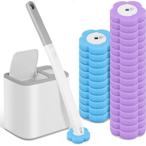 Toilet Brush - Disposable Refill Heads - 360° Cleaning - Wall Mountable Holder - Ergonomic Handle - Includes 30 Refills Sponge And Toilet Seat Holder - Grey
