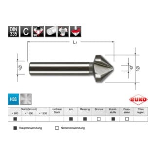 Kegel- und Entgratsenker din 335 Form c 90° hss, geschliffen Senkdurchmesser Ø2: 16,5 mm - Ruko