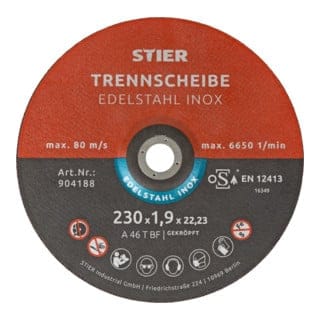 Trennscheibe für Edelstahl/INOX, Metall, Stahl, ø Flexscheibe: 230 x 1,0 x 22,23 mm, gerade, Set mit 25 Stück, für Winkelschleifer - Stier