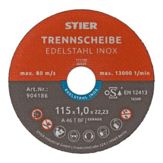 Trennscheibe für Edelstahl/INOX, Metall, Stahl, ø Flexscheibe: 115 x 1,0 x 22,23 mm, gerade, Set mit 25 Stück, für Winkelschleifer - Stier