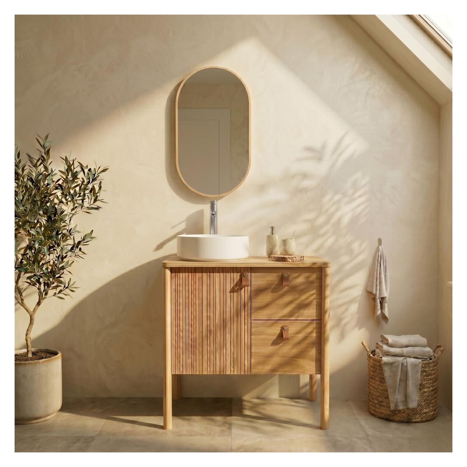 Meuble Joy Chêne 80cm Sur Pieds, Vasque, Robinet Et Miroir Ovale