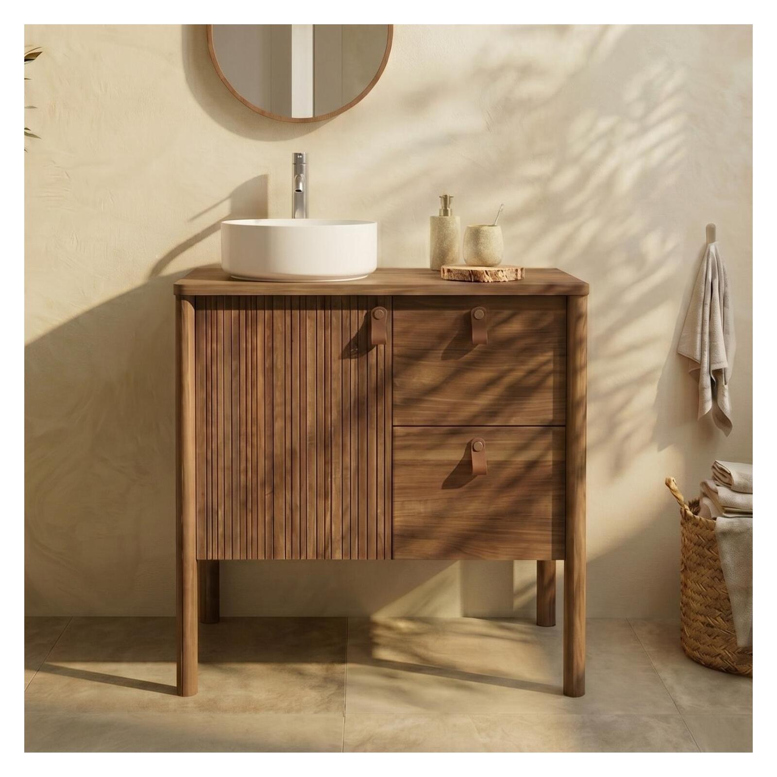 Meuble Joy Chêne 80cm Sur Pieds, Vasque Blanche Et Robinet