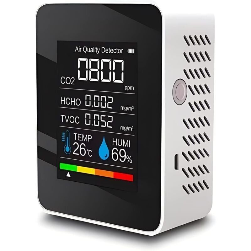 5-in-1-raumluftqualitätsdetektor – Co₂, Tvoc, Hcho, Temperatur & Luftfeuchtigkeit – Weißes, Hintergrundbeleuchtetes Display