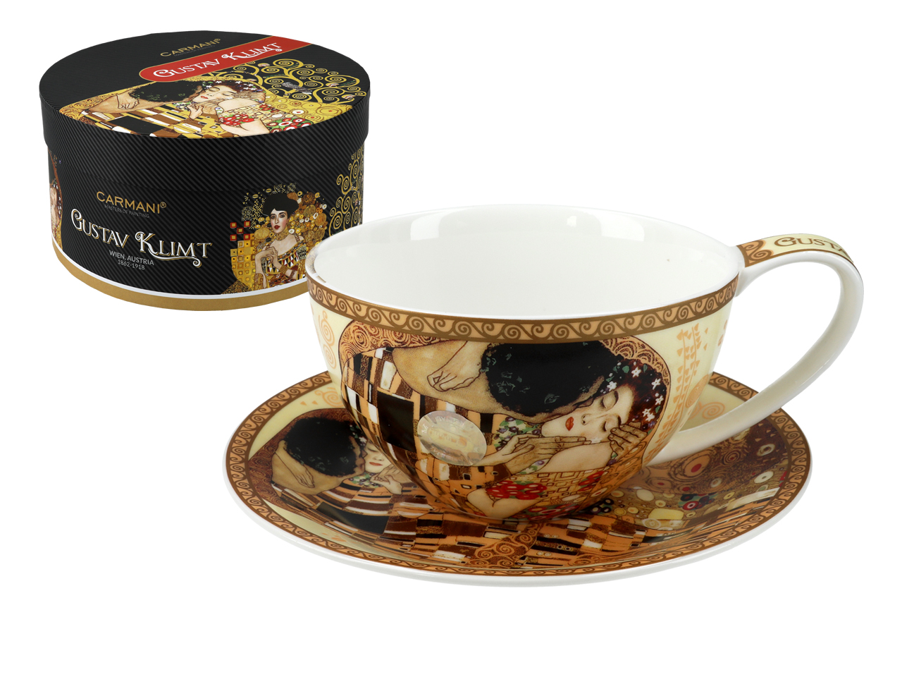 Tasse Mit Untertasse, Gustav Klimt, Der Kuss, Cremefarbenes Porzellan, Dar