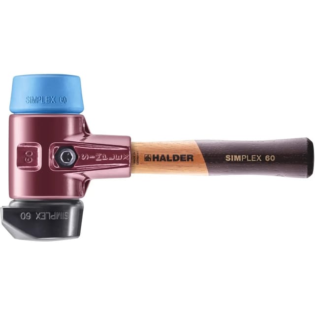 Simplex Schonhammer ø 60 mm Gummi schwarz / TPE-soft blau mit Standfuß kurzer Stiel mit Tempergussgehäuse - Halder