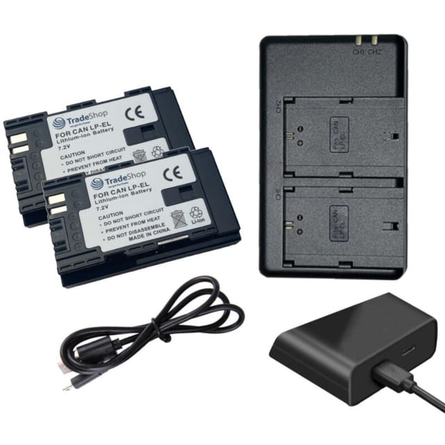 Trade-shop - 3in1 Set: 2-fach Ladegerät Micro-USB Typ-C + 2x Li-Ion Akku (7,2V / 2600mAh) kompatibel mit Canon lp-el DS401231 LC-E6 LC-E6E EL-1 EL-5
