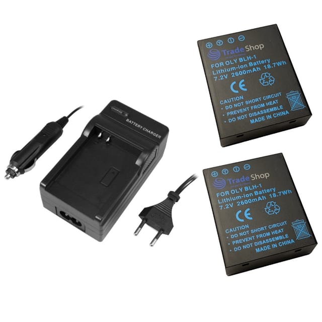 3in1 Set: 2x Li-Ion Akku + Ladegerät Ladestation kompatibel mit Olympus BLH-1, OM-D E-M1 Mark II, OM-D E-M1 Mark III, OM-D E-M1X, Batteriegriff HLD-9