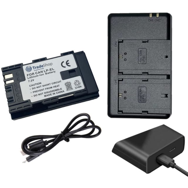 Trade-shop - 2in1 Set: 2-fach Ladegerät Micro-USB Typ-C + Li-Ion Akku (7,2V / 2600mAh) kompatibel mit Canon lp-el DS401231 LC-E6 LC-E6E EL-1 EL-5