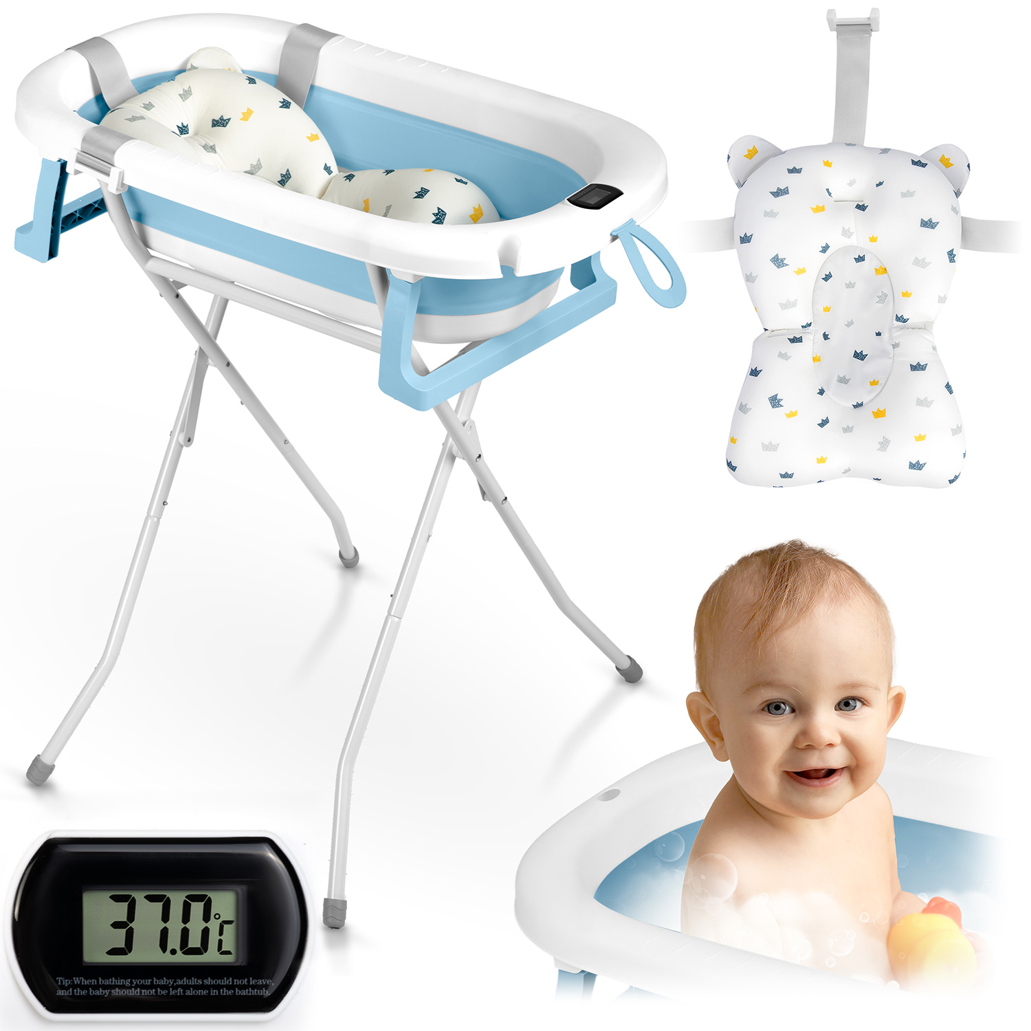 Faltbare Babybadewanne Für Kinder Und Säuglinge Mit Gestell, Thermometer Und Einsatz Ricokids Rk-287, Weiß Und Blau