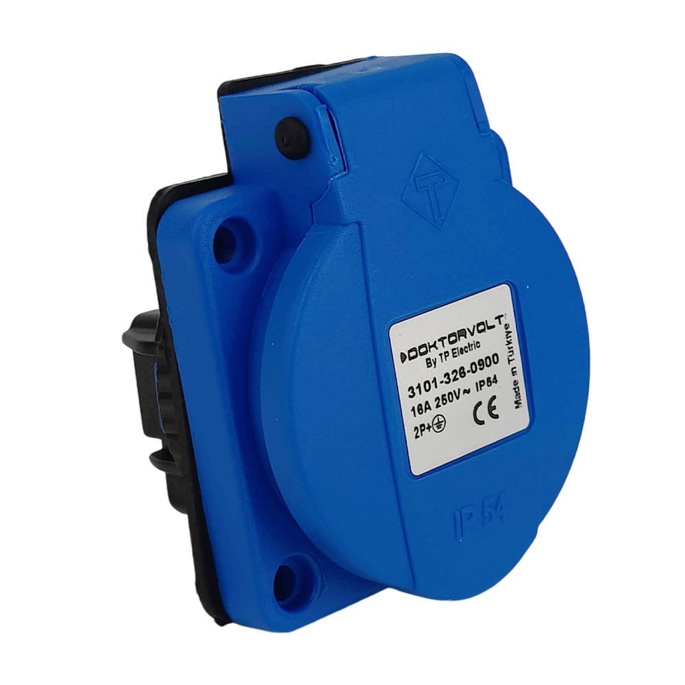 Ip54-einbausteckdose Mit Erdungsstift, 230 V, 16 A, Typ E, Blau