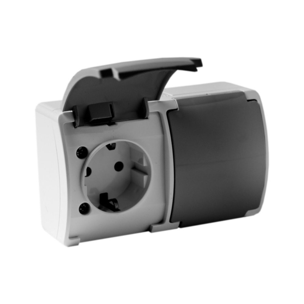 Doppelte Aufputzsteckdose, Hermetisch Ip44, Schuko, Esche/graphit