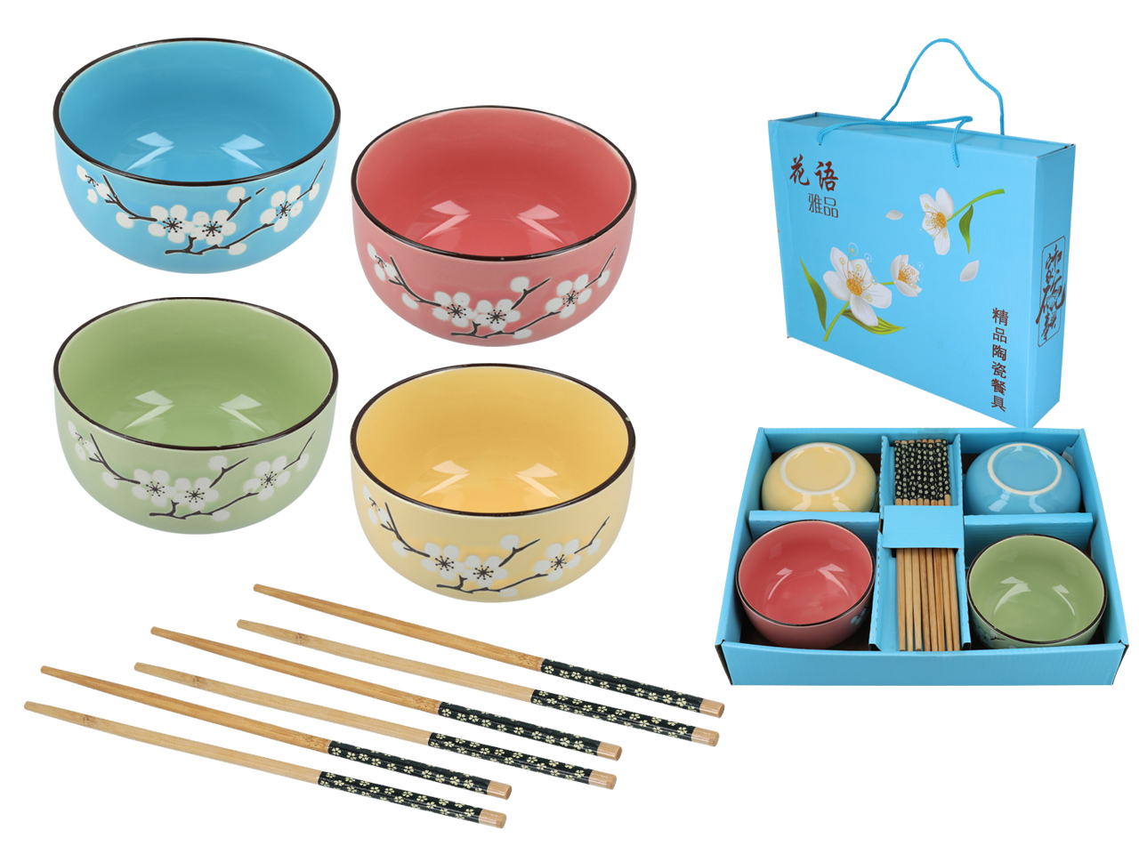 Set Aus 4 Schüsseln Und Essstäbchen Für Ramen-reis, Porzellan, Asiatische Küche