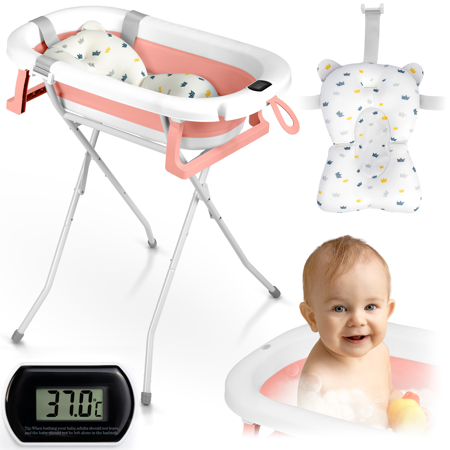 Faltbare Babybadewanne Für Kinder Und Babys Mit Gestell, Thermometer Und Einsatz Ricokids Rk-287, Weiß Und Rosa