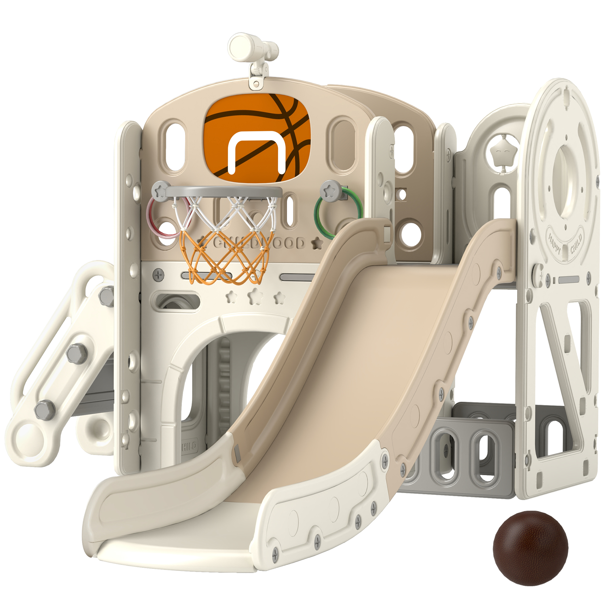 7-en-1 Toboggan Pour Enfants, Aire De Jeux Intérieure Avec Rangement Et Tunnel De Rampement, 186x153x111 Cm, Blanc Crème