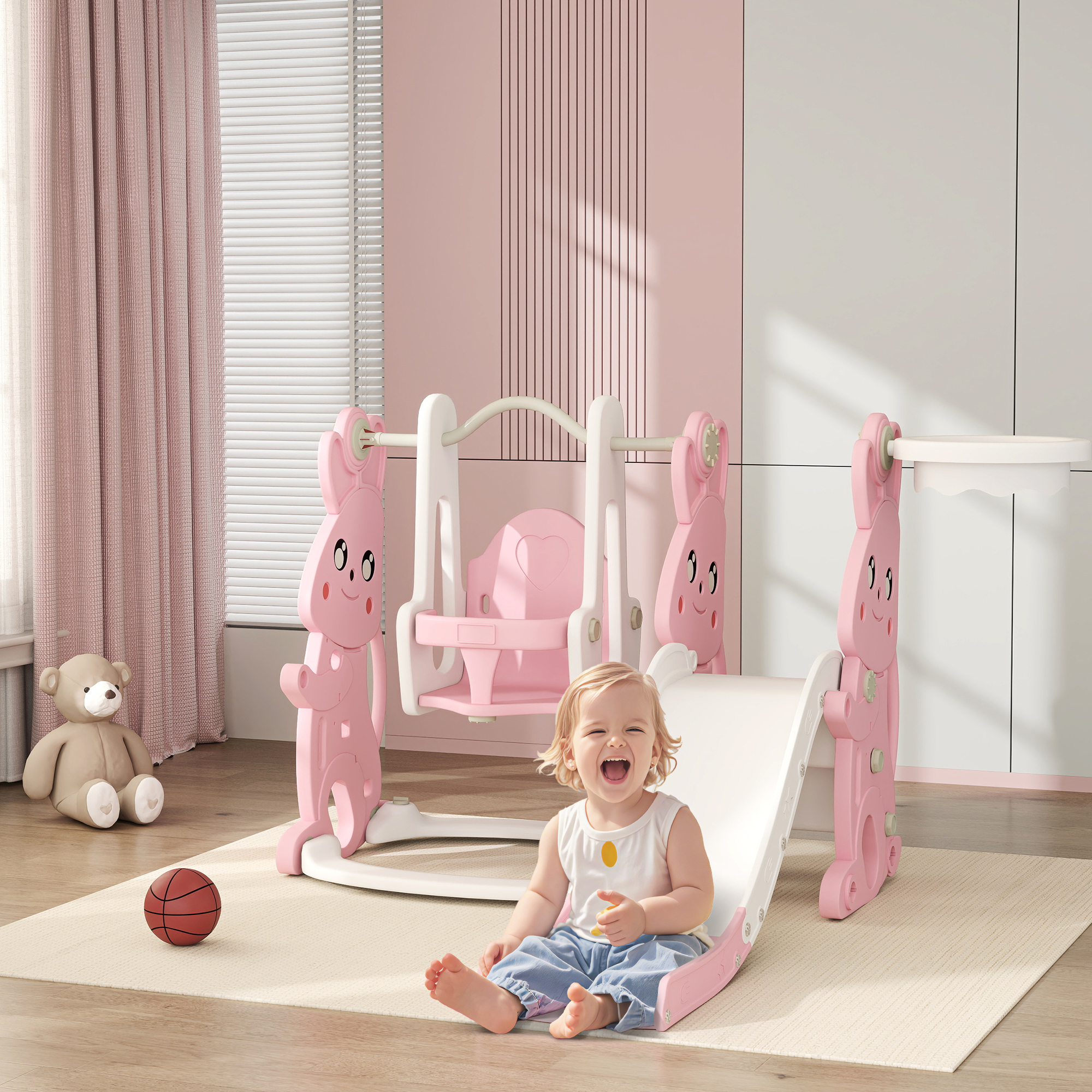 4-in-1 Kinderspielgerät Mit Rutsche Und Schaukel, Basketballkorb, 147,5 X 160 X 107 Cm, Rosa