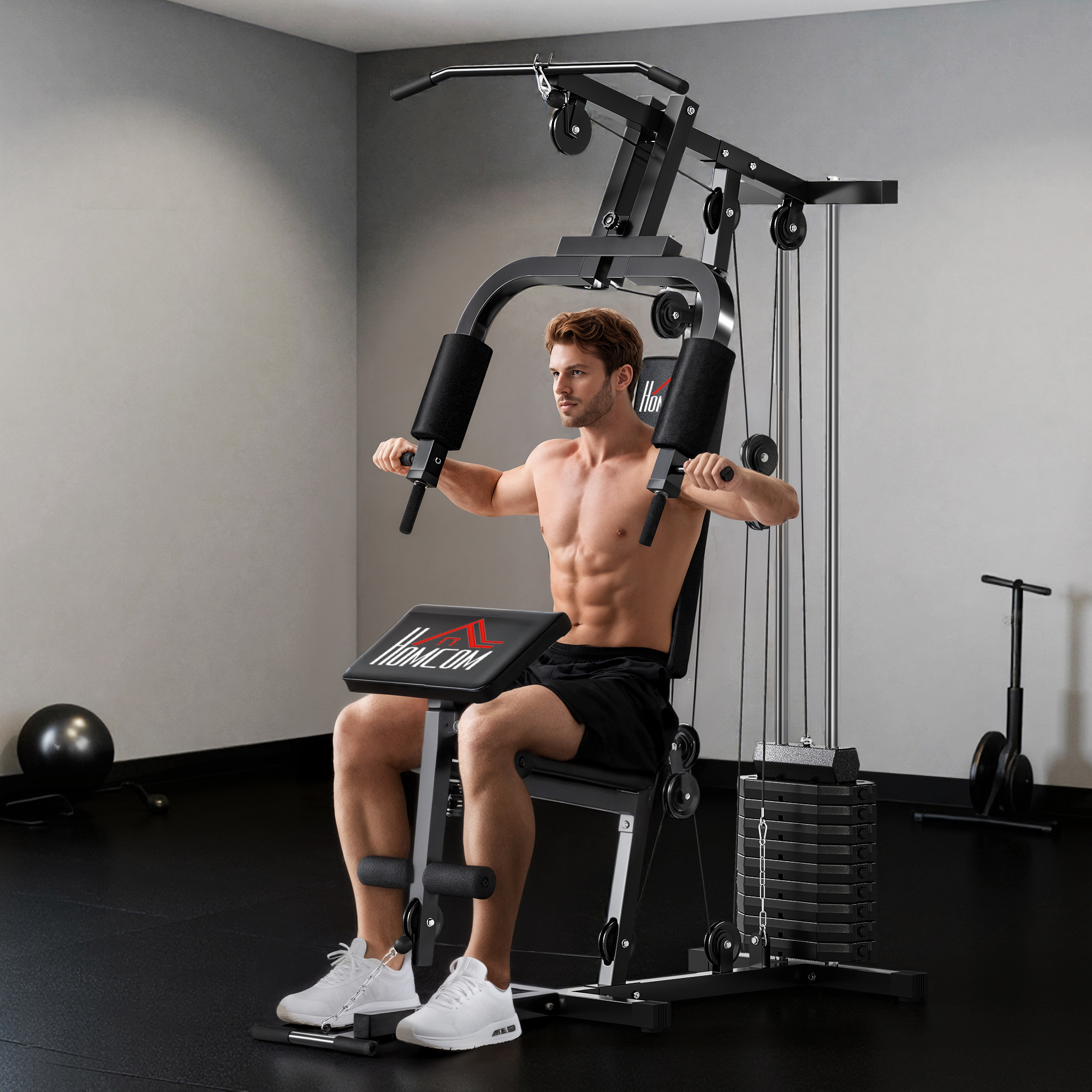 Multifunktionale Krafttrainingsstation Mit 65-kg-hantelstange, Doppelrollenzug, Schwarz