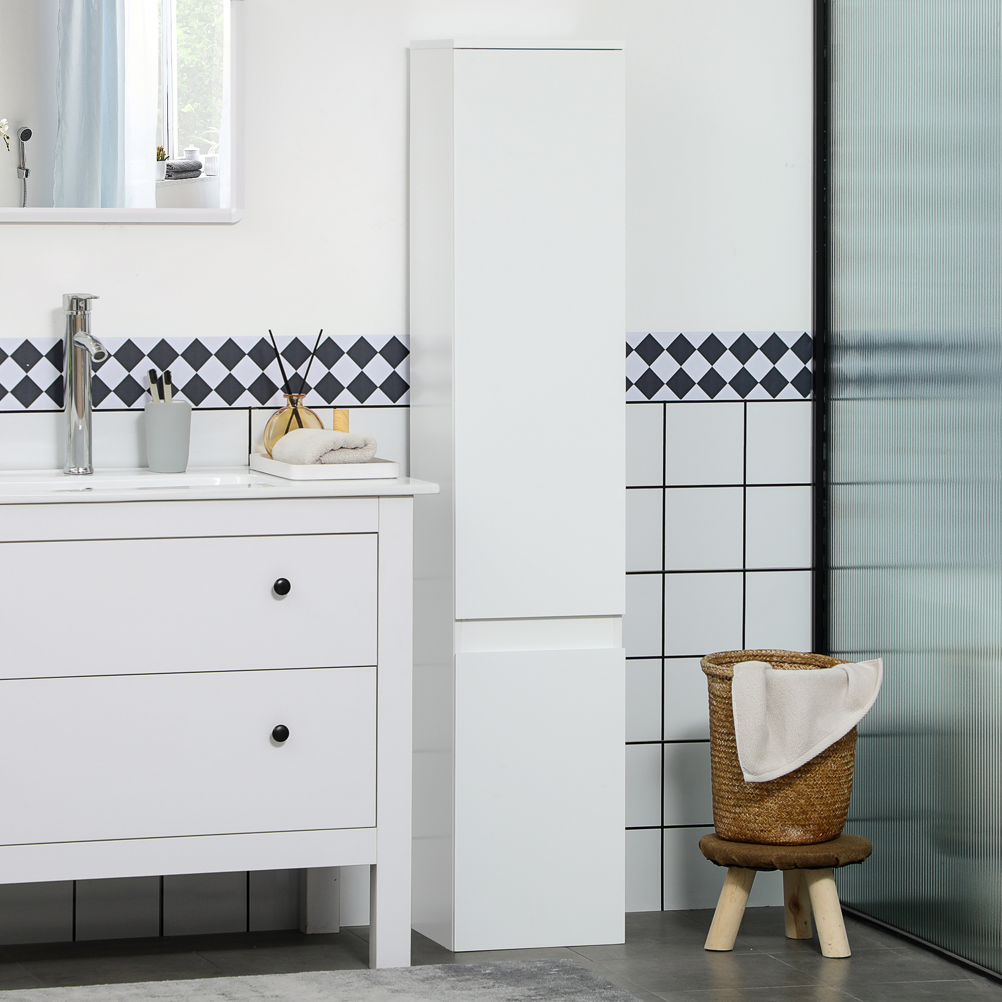 Badezimmerschrank Mit 2 Schränken Und 3 Verstellbaren Einlegeböden, Modernes Design, 30 X 28 X 152,5 Cm, Weiß