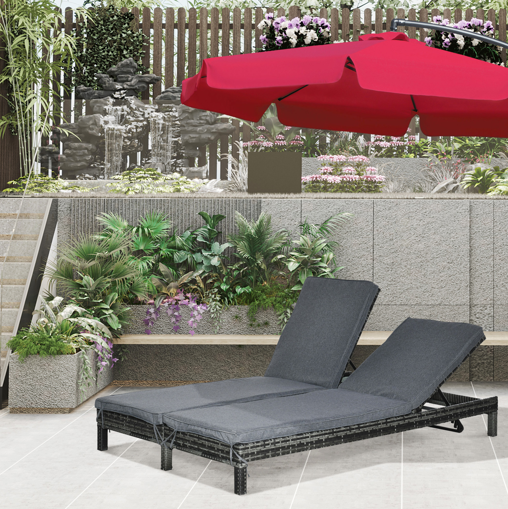 Sitzmöbel Relaxliege Verstellbar Doppel Rattan Grau Okmyhome