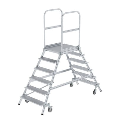 Günzburger Steigtechnik - Podesttreppe beidseitig begehbar mit Federrolle Aluminium geriffelt 2x6 Stufen - 050206