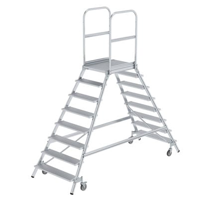 Günzburger Steigtechnik - Podesttreppe beidseitig begehbar mit Federrolle Aluminium geriffelt 2x8 Stufen - 050208