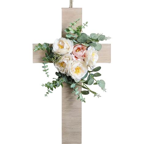 Easter Cross Decor - Tassel Pendant Wreath For Holiday Display Plywood With Silk Flowers Artificial Grass, Religious Centerpiece For Indoor Outdoor Home Porch Garden Fence Farmhouse