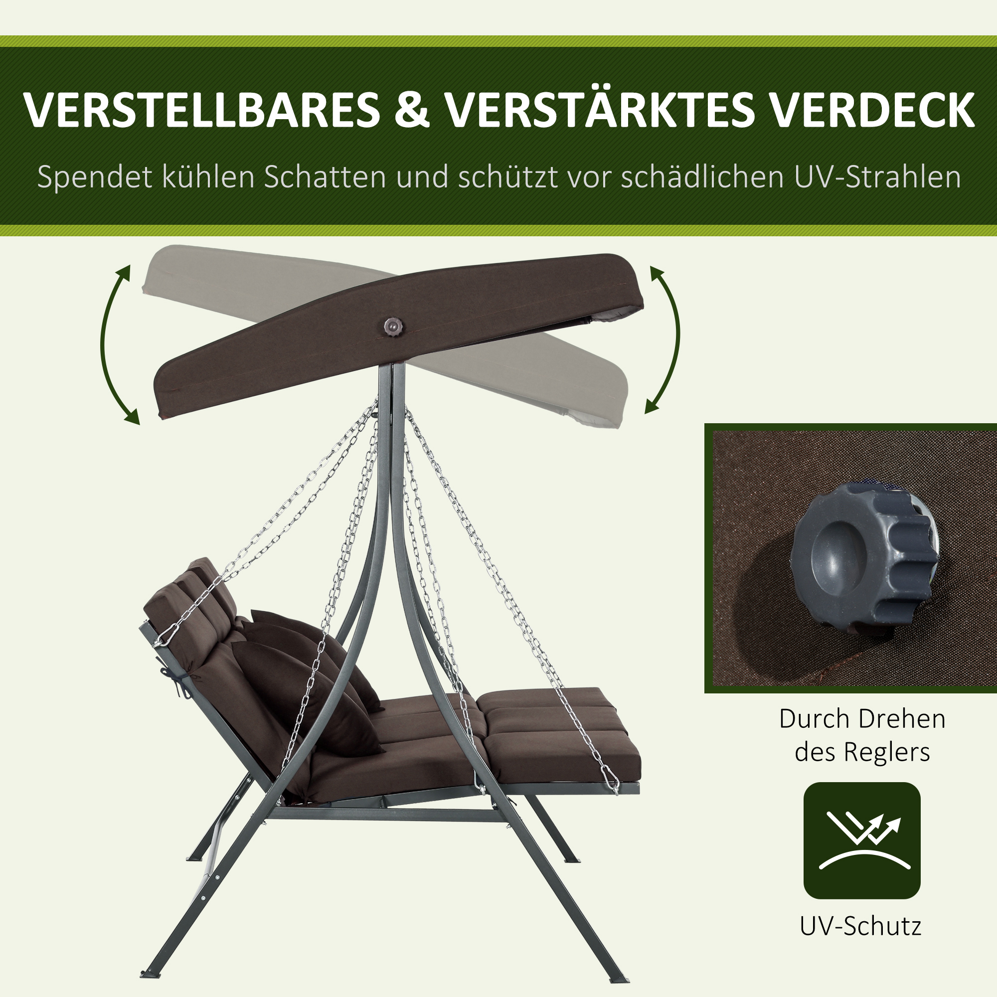Hollywood-schaukel, 3-personen, Mit Verstellbarem Sonnendach, Tragkraft 270 Kg, Braun, 198 X 118 X 168 Cm.